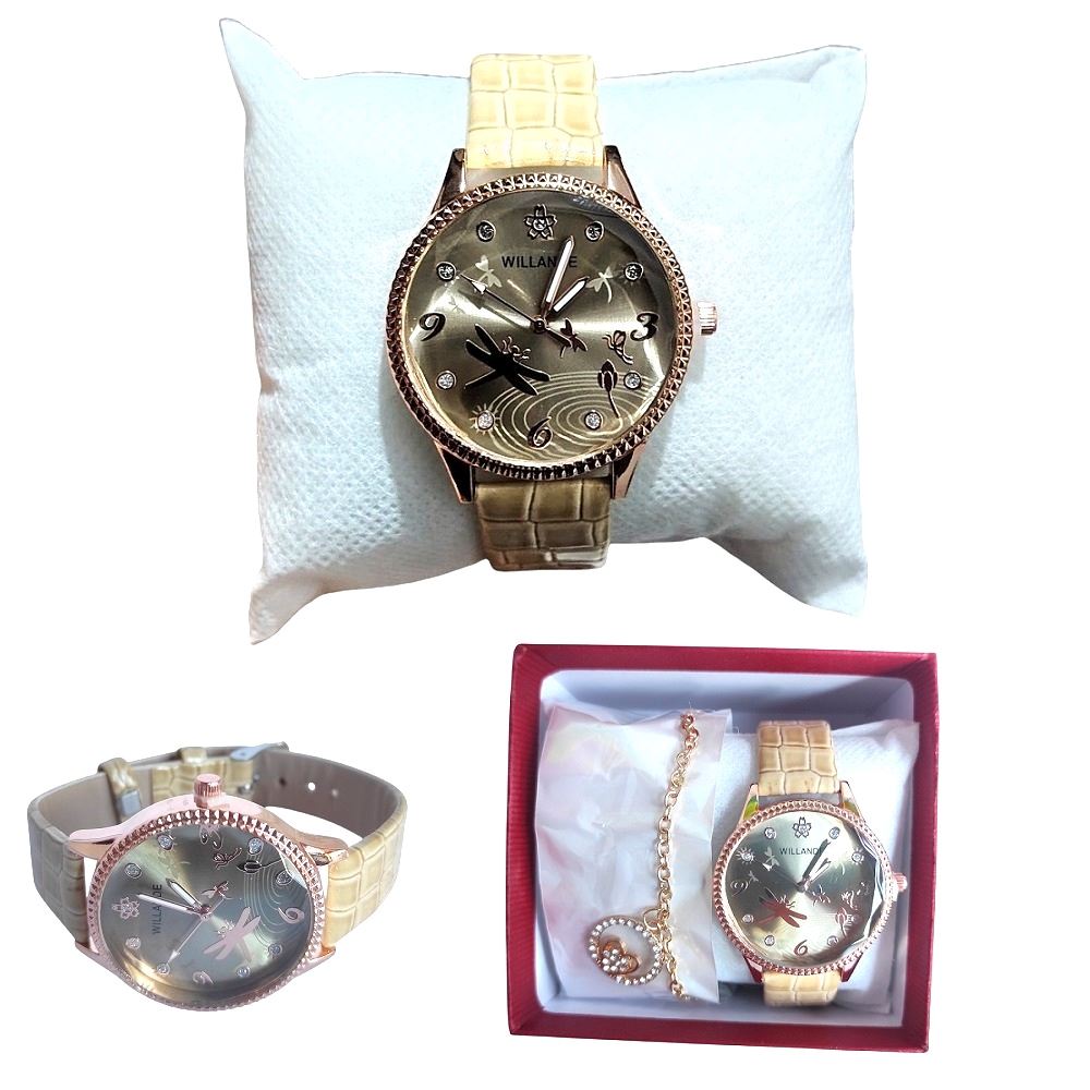 Reloj con correa cuero PU set con cadena en cajita / Beige